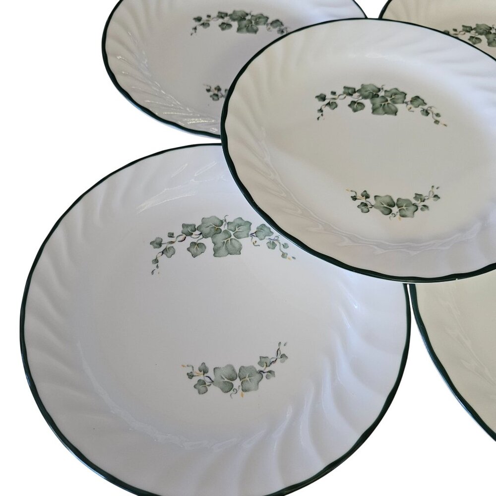 5 Corelle Callaway Salad Dessert Plates 7.25" white swirl rim green trim ivy - Picture 3 of 7